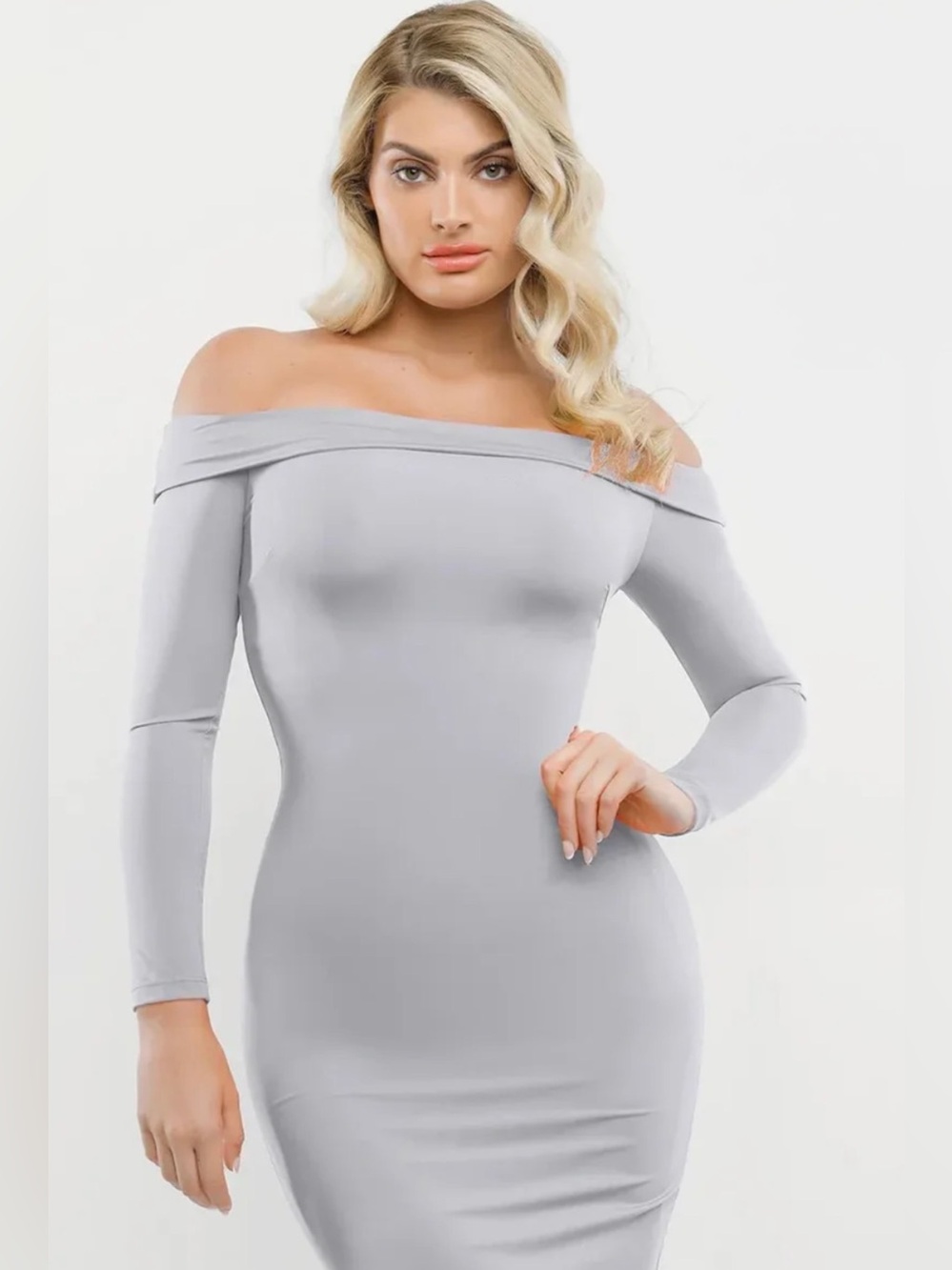 NWT Popilush Off-the-Shoulder Long Sleeve Mini Shapewear Dress in Light Gray-3X